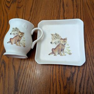 - Wolf and Fox porcelain Mug and Snack Plate Set. Wildlife. Marble lik…